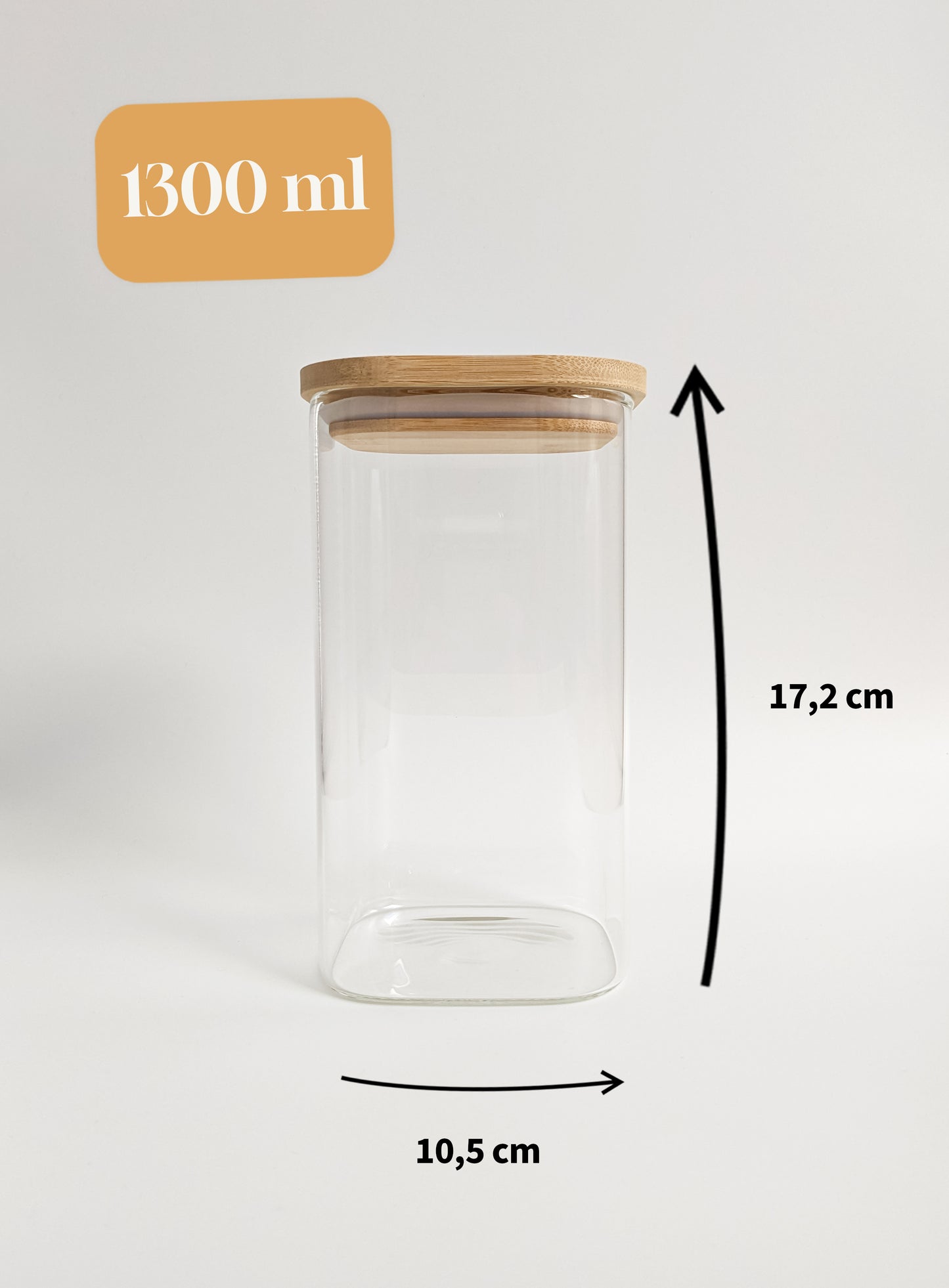 Bocal en verre carré avec couvercle en bambou contenance 1300 ml et dimensions
