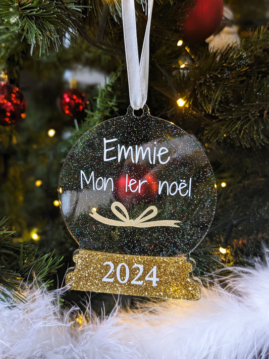 Boule de noël personnalisable transparente pailletée en acrylique, forme boule à neige, premier Noël bébé