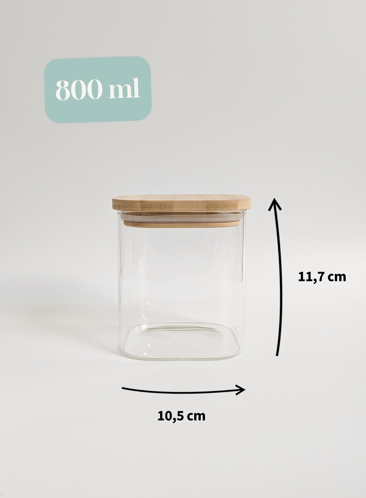 Bocal en verre carré avec couvercle en bambou contenance 800 ml et dimensions