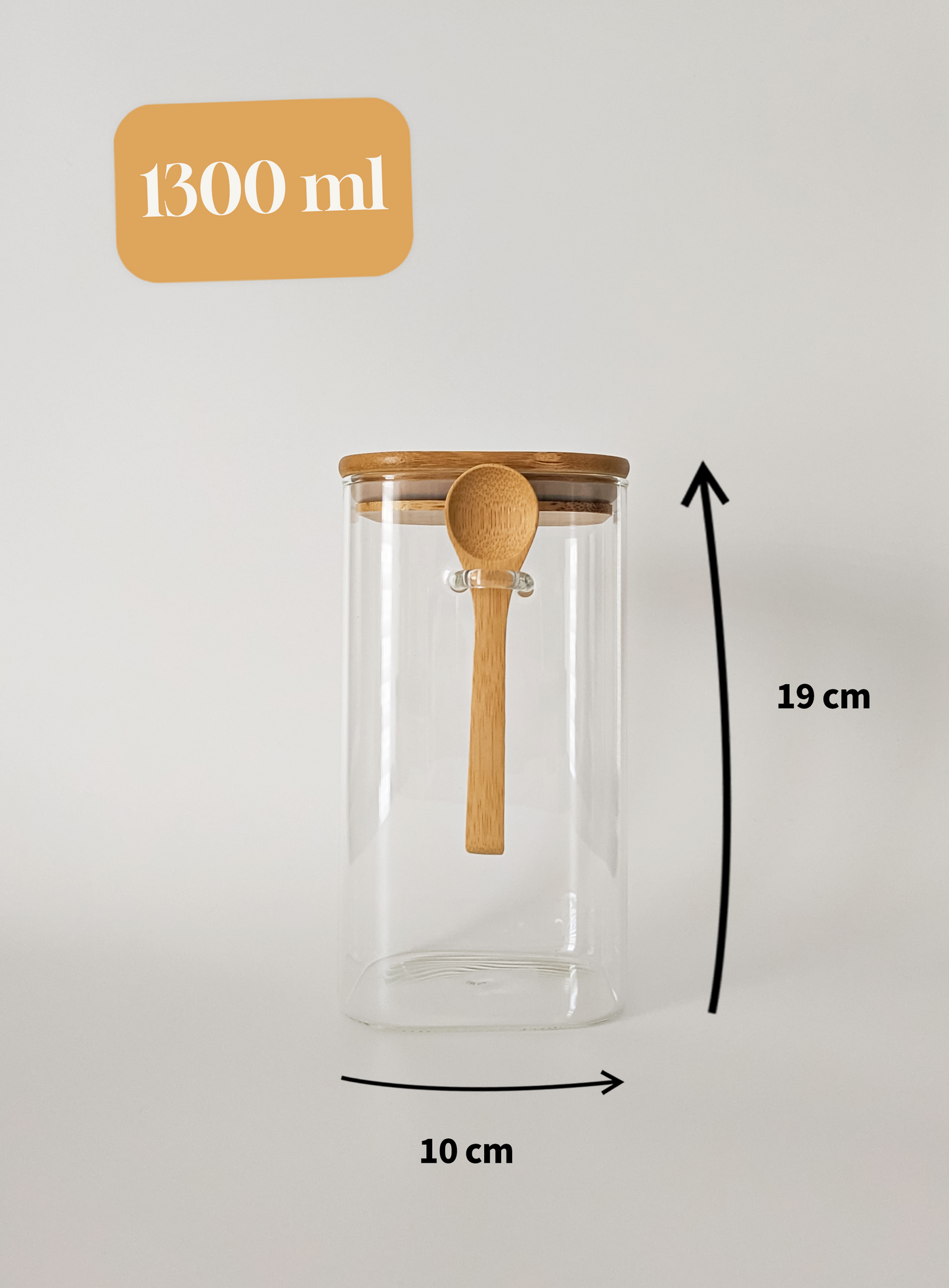 Bocal en verre carré couvercle en bambou avec cuillère en bois 1300 ml dimensions