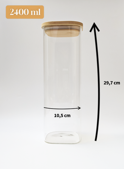 Bocal en verre carré avec couvercle en bambou 800 ml / 1300 ml / 2400 ml et son étiquette en vinyle personnalisée