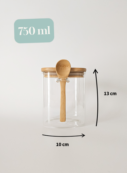 Bocal en verre carré couvercle en bambou avec cuillère en bois 750 ml dimensions